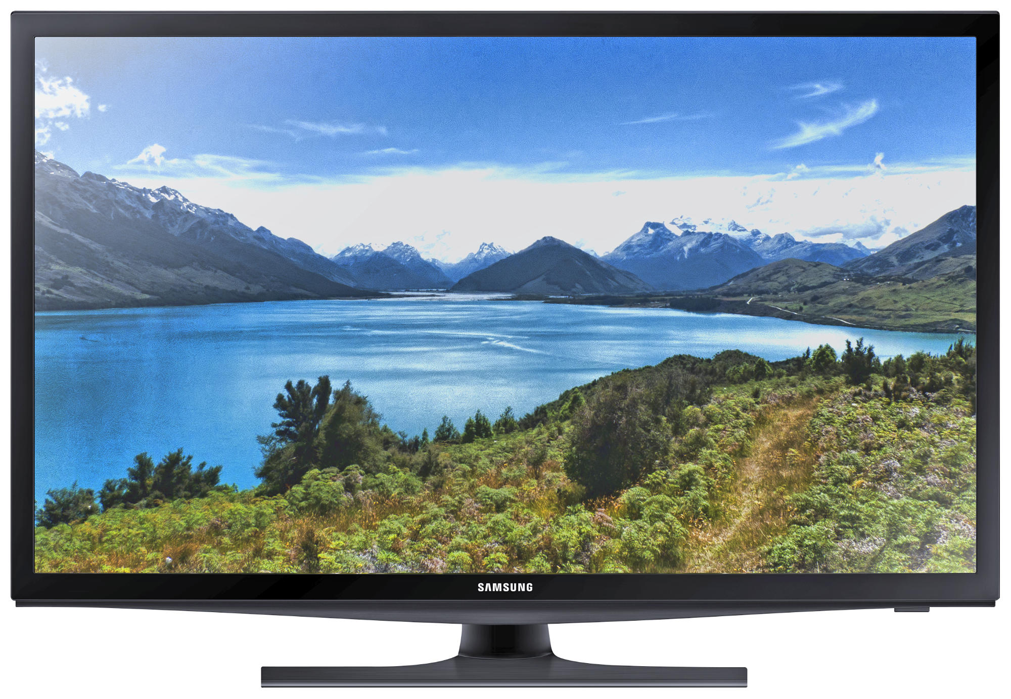 Un televisor de pantalla plana que muestra un paisaje escénico con montañas y un lago.
