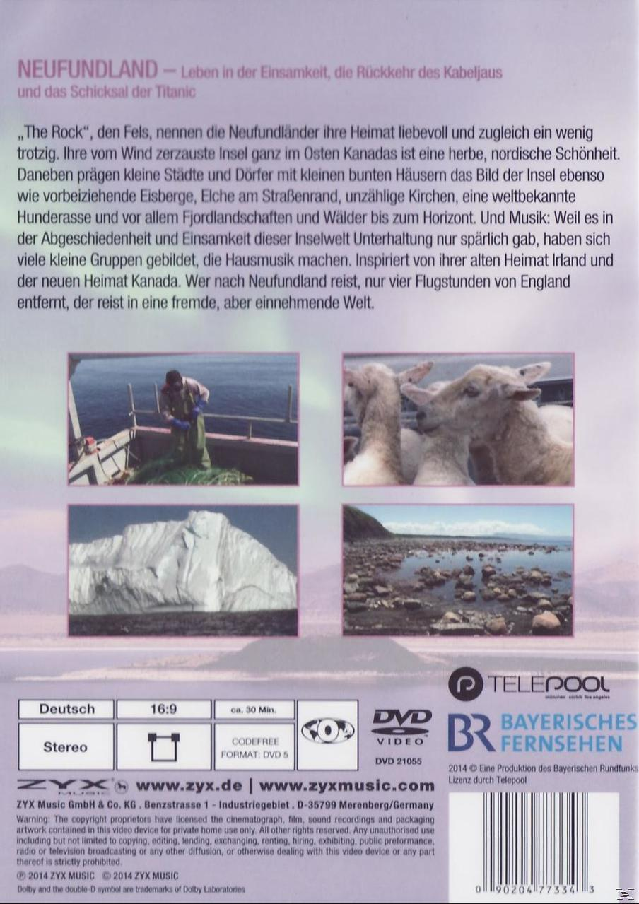 DVD-Cover mit Bildern von Boot, Eisberg und Schafen mit Text über Neufundland.