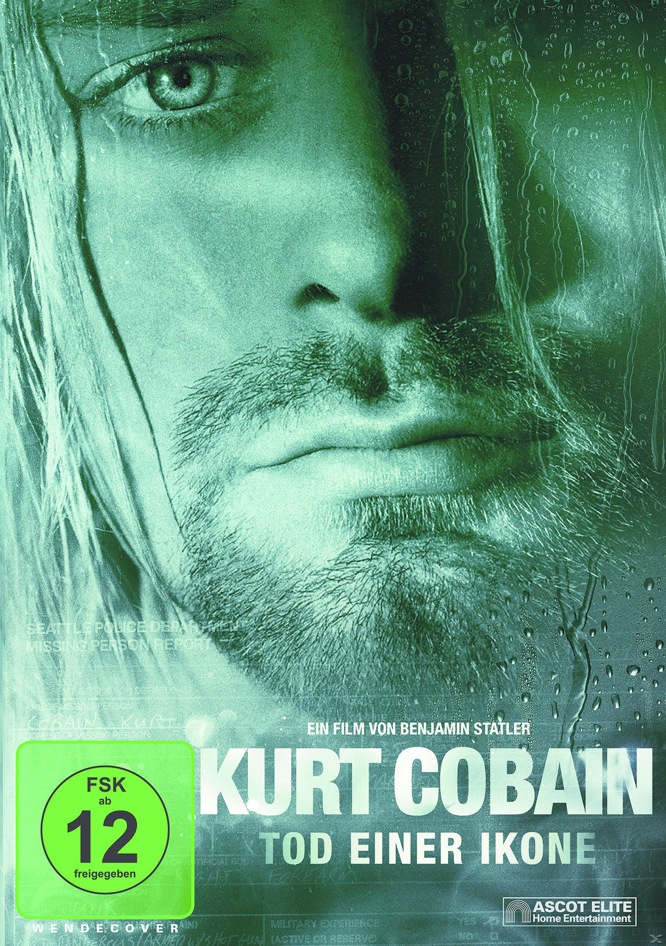 DVD-Cover von 'Kurt Cobain: Tod Einer Ikone', mit einer Nahaufnahme von Kurt Cobains Gesicht.