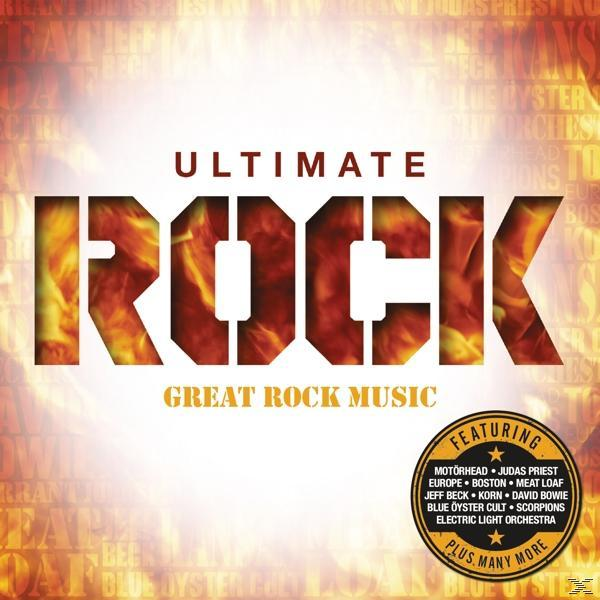 Pochette d'album : 'Ultimate Rock'. Comporte un logo flamboyant et des noms de groupes en arrière-plan.
