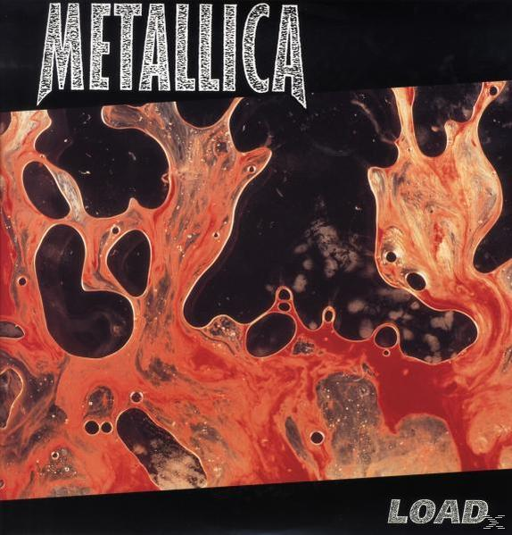 Metallica 'Load' Albumcover, abstraktes rotes und oranges Fluid auf schwarzem Hintergrund.