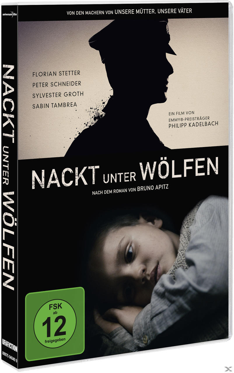 Film-DVD-Cover: Silhouette eines Mannes mit Mütze. Text: Nackt unter Wölfen. Kind schaut auf.