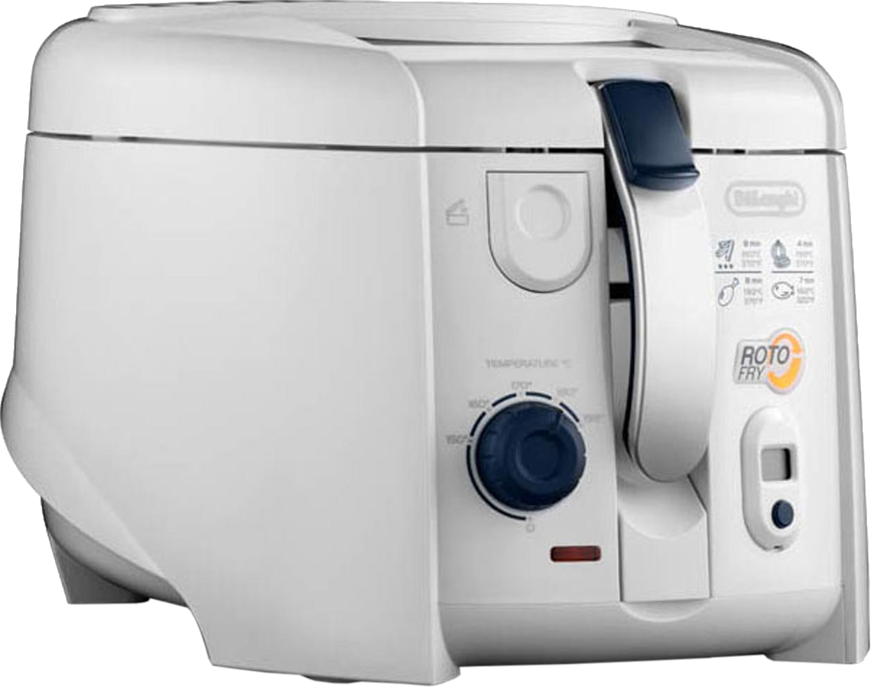 Fehér DeLonghi Roto Fryer. Van egy tárcsa, egy fogantyú és a ROTO FRY felirat.