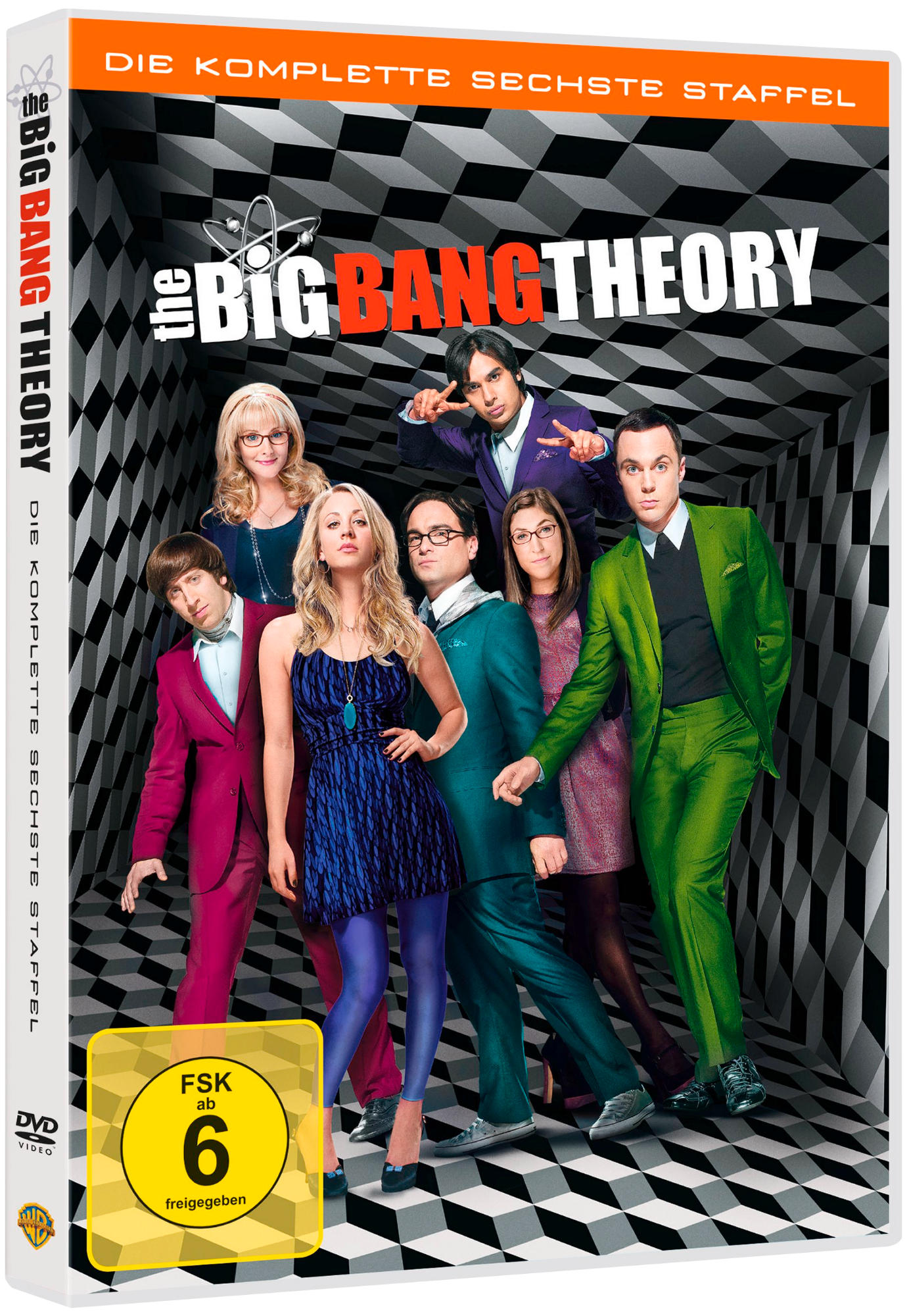 DVD-Hülle von The Big Bang Theory. Darsteller vor einem schwarz-weiß karierten Hintergrund.