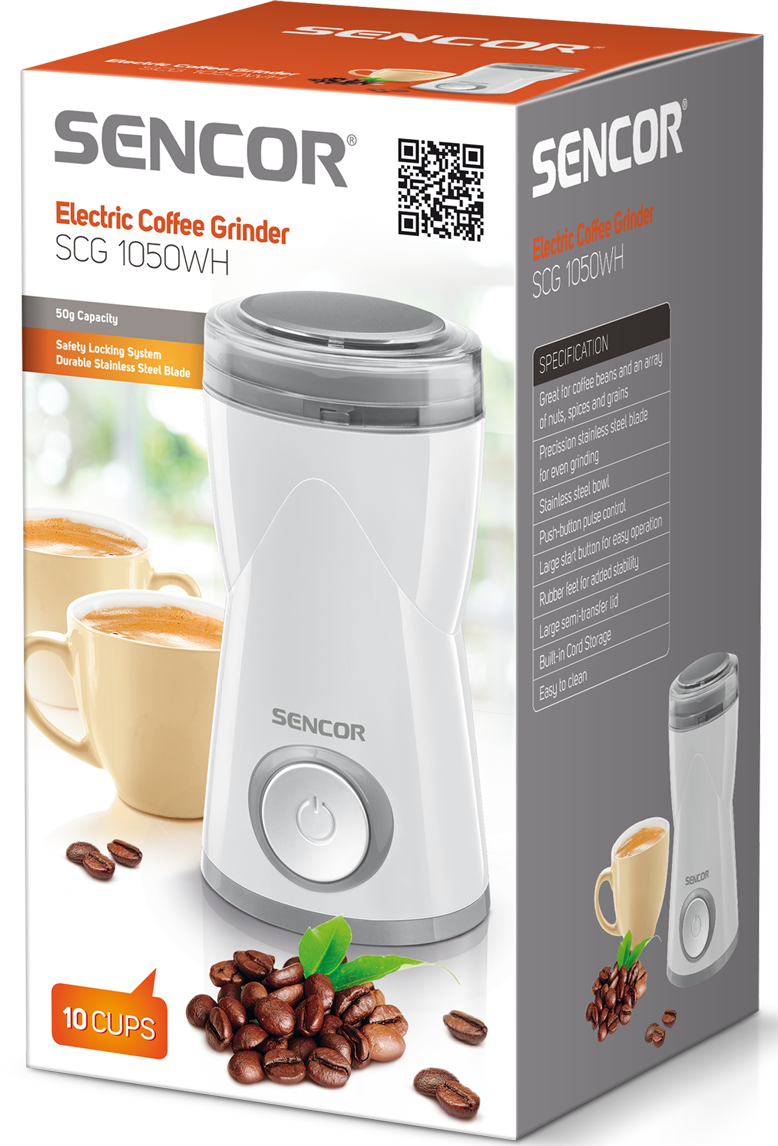 Kávédaráló doboz, fehér, kávébabbal, csészékkel és egy daráló képével. A szöveg tartalmazza az "Electric Coffee Grinder"-t.