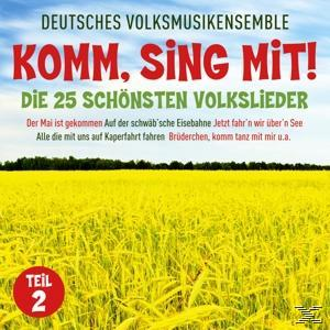 Albumcover mit gelbem Feld, großem rotem Text 'Komm, Sing Mit!' und einem kleinen Logo und Text am unteren Rand.