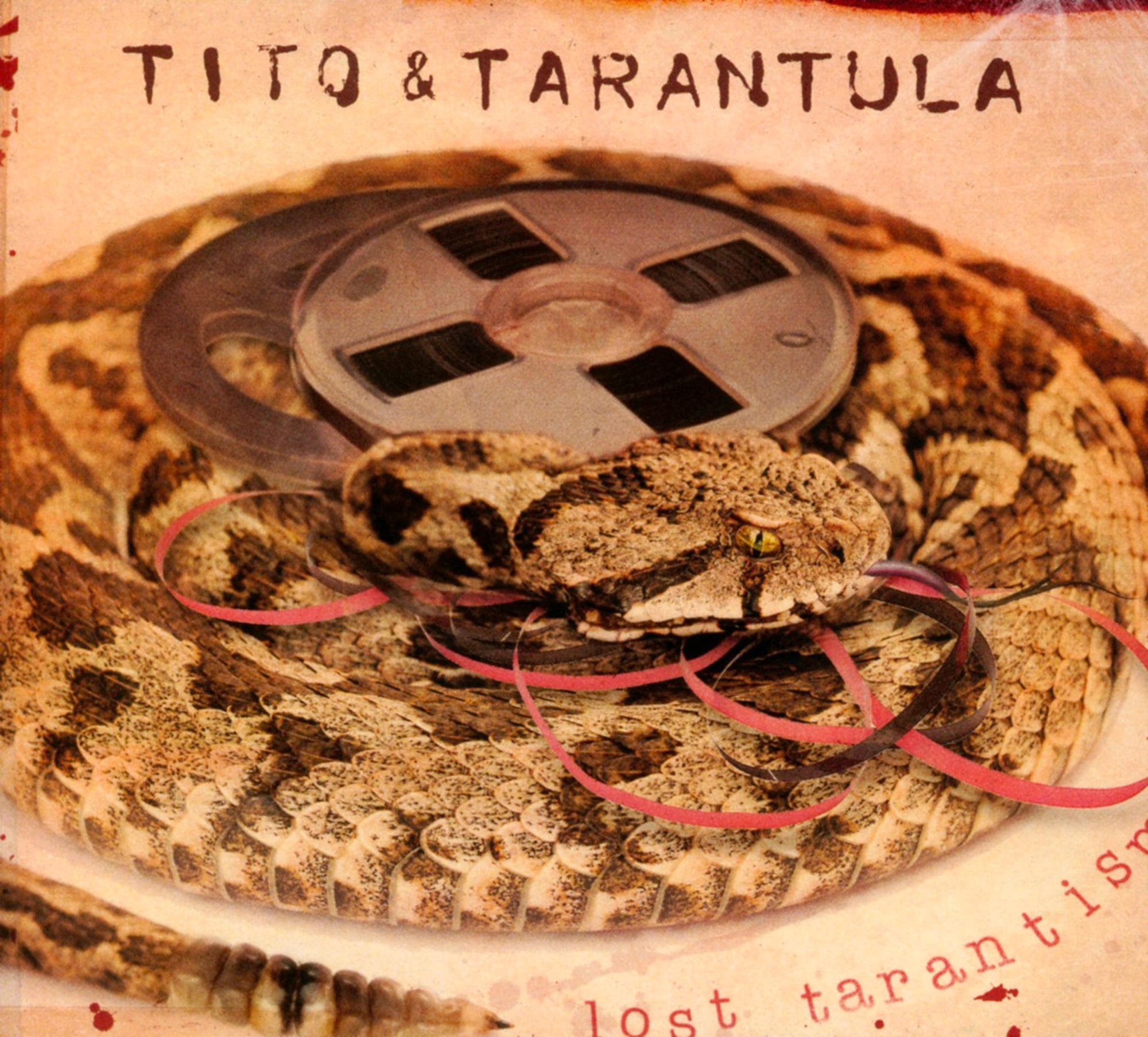 Albumcover von Tito & Tarantula, eine Schlange, die sich um eine Filmrolle mit Band wickelt.