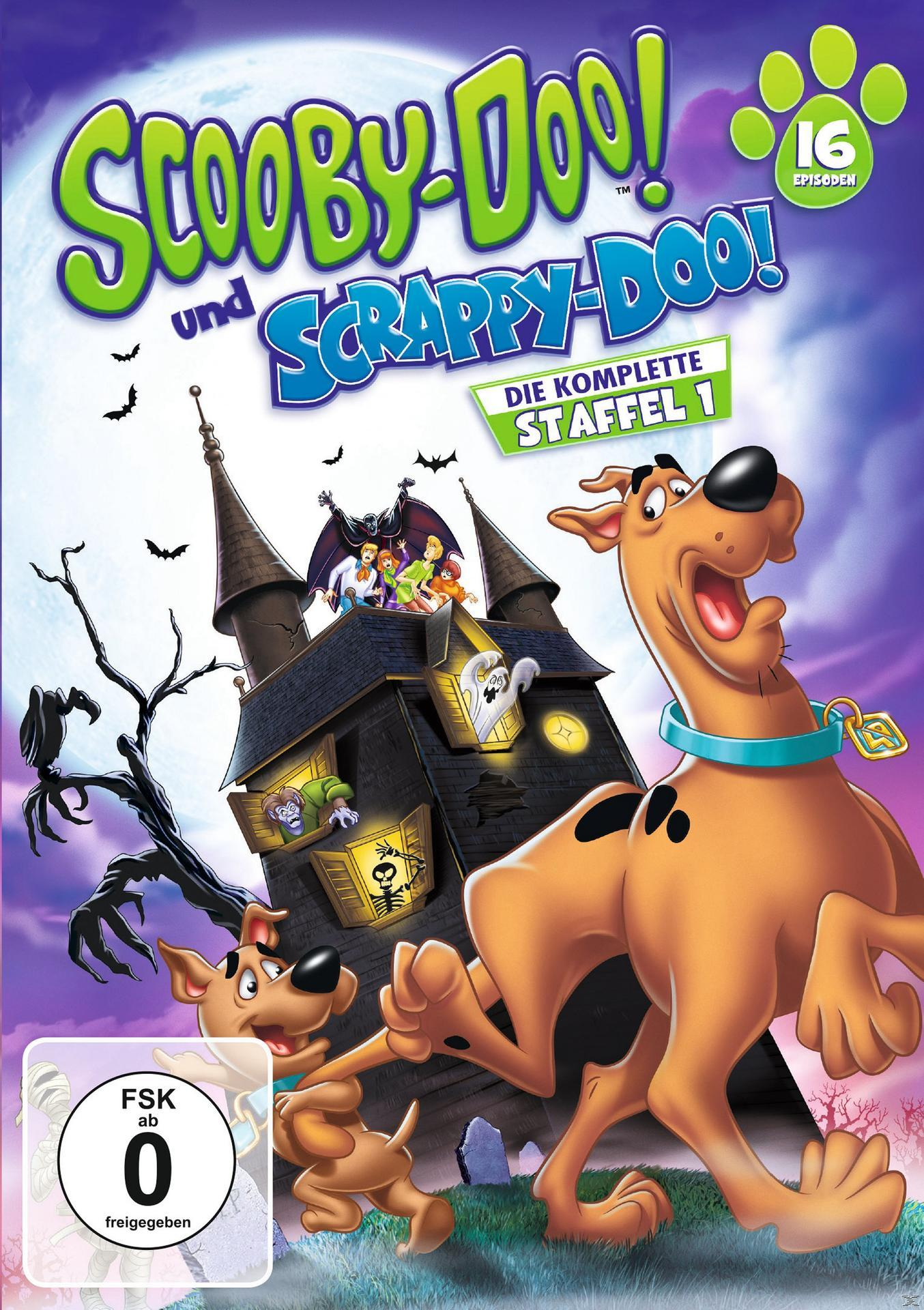 Scooby-Doo und Scrappy-Doo DVD-Cover mit einem Spukhaus, Zeichentrickfiguren und Titeltext.