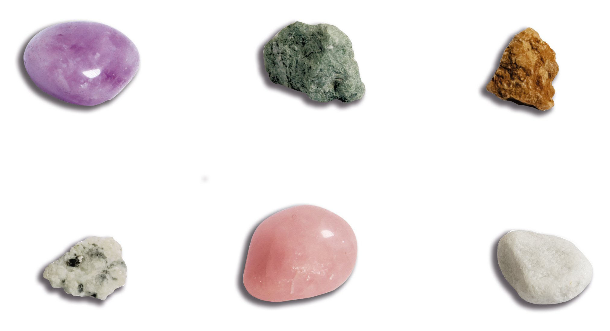 Sechs farbige, polierte Steine: lila, grün, braun, weiß, rosa und weiß.