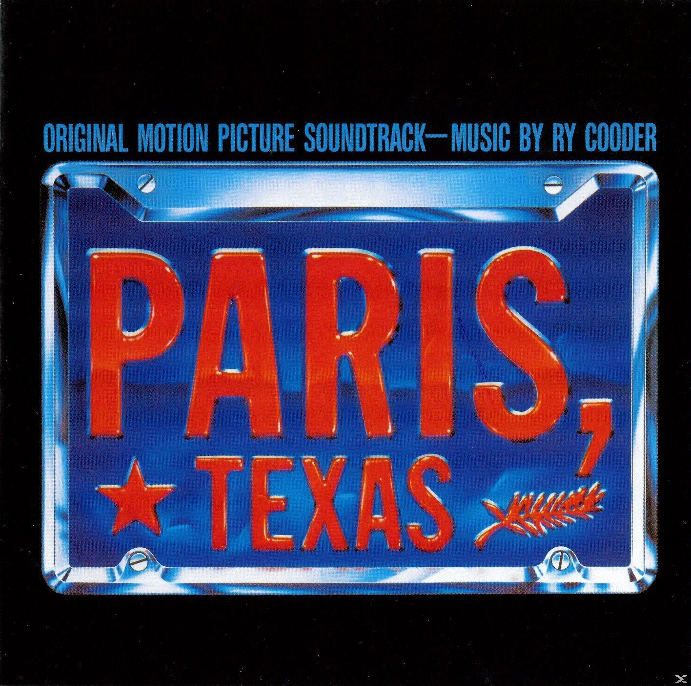 Albumcover: Paris, Texas Soundtrack. Blaues Nummernschild mit roten Buchstaben und einem Stern. Schwarzer Hintergrund.