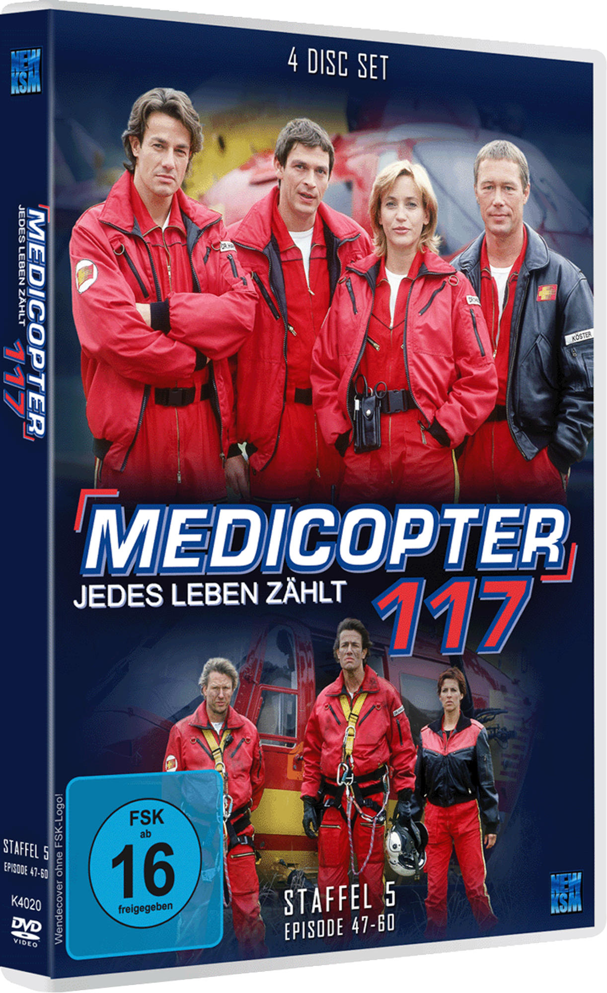 DVD-Cover: Eine Gruppe von Menschen in roten Jacken. Titel: Medicopter 117. Das Cover hat mehrere Bilder der Darsteller.