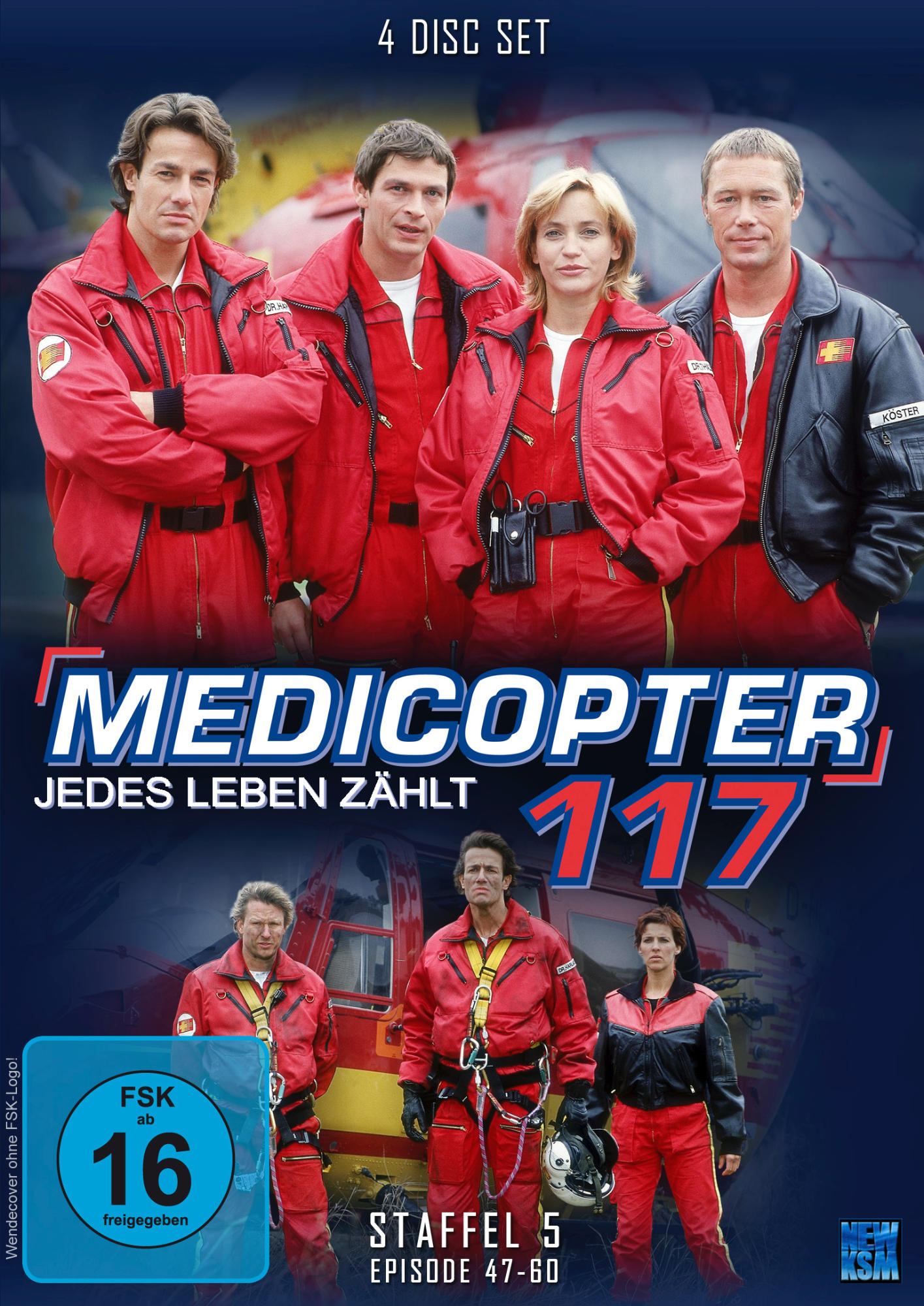DVD-Cover mit vier Personen in roten Anzügen. Titel "Medicopter 117" und "4 Disc Set" sind sichtbar.