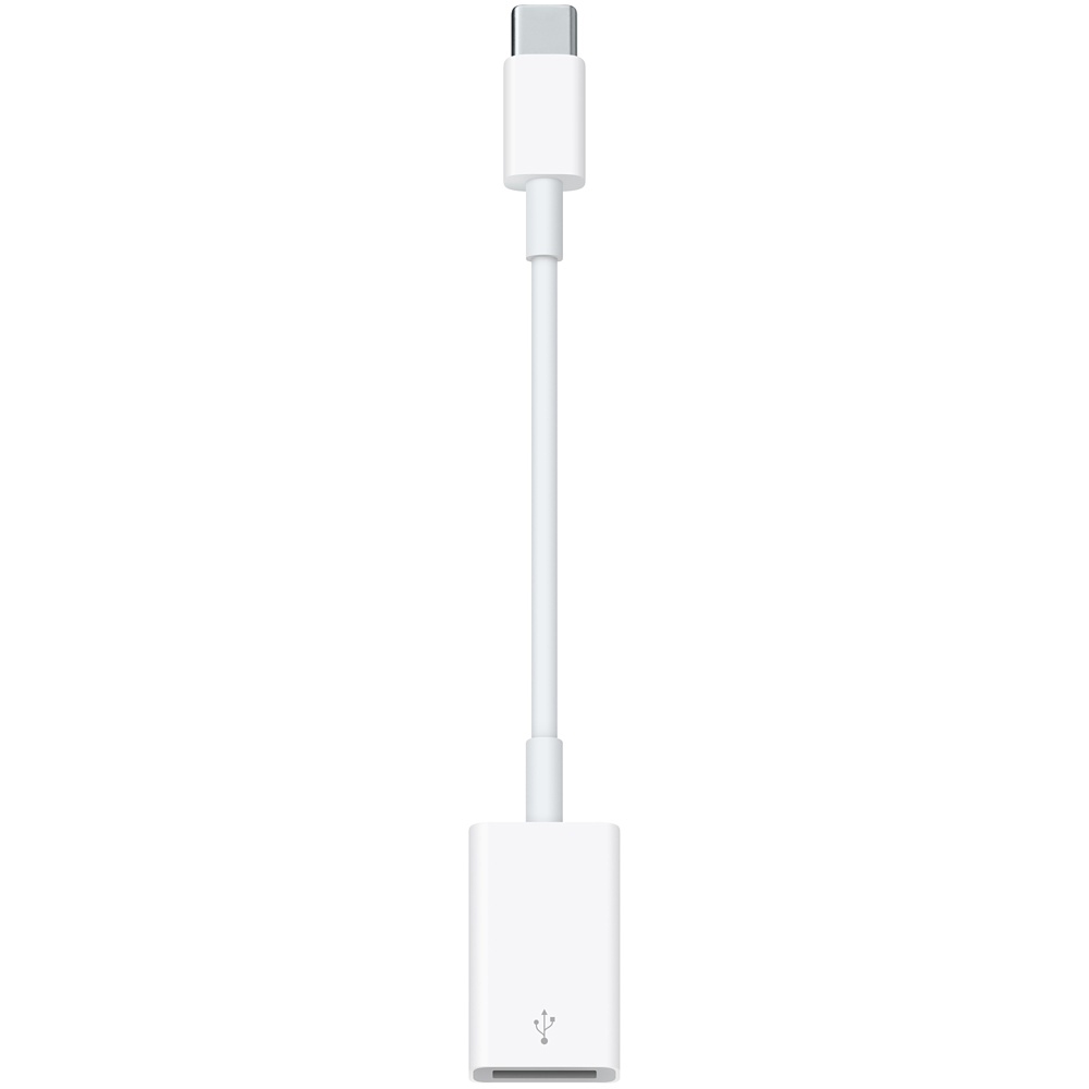 Câble adaptateur USB-C vers USB blanc. Il a un corps et des connecteurs blancs.