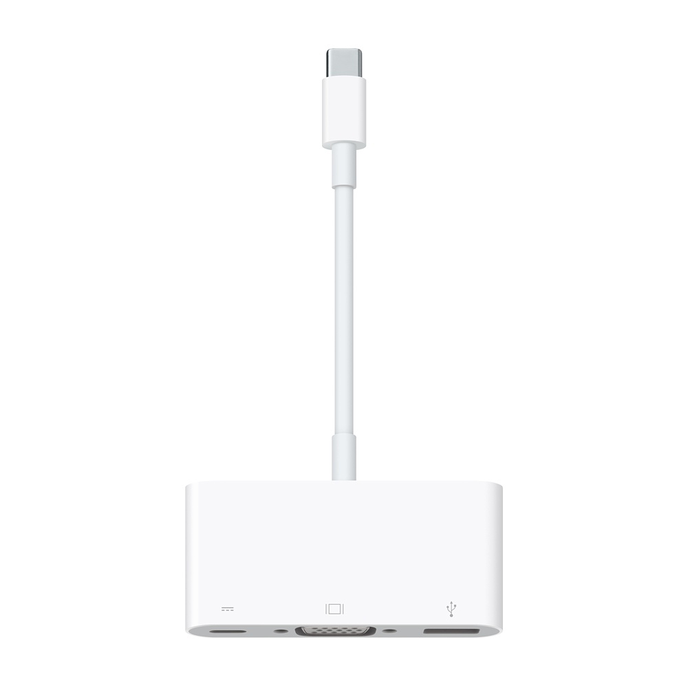 Weißer Apple-Adapter. USB-C zu verschiedenen Anschlüssen. USB-C-Stecker und mehrere Anschlüsse an der Seite.