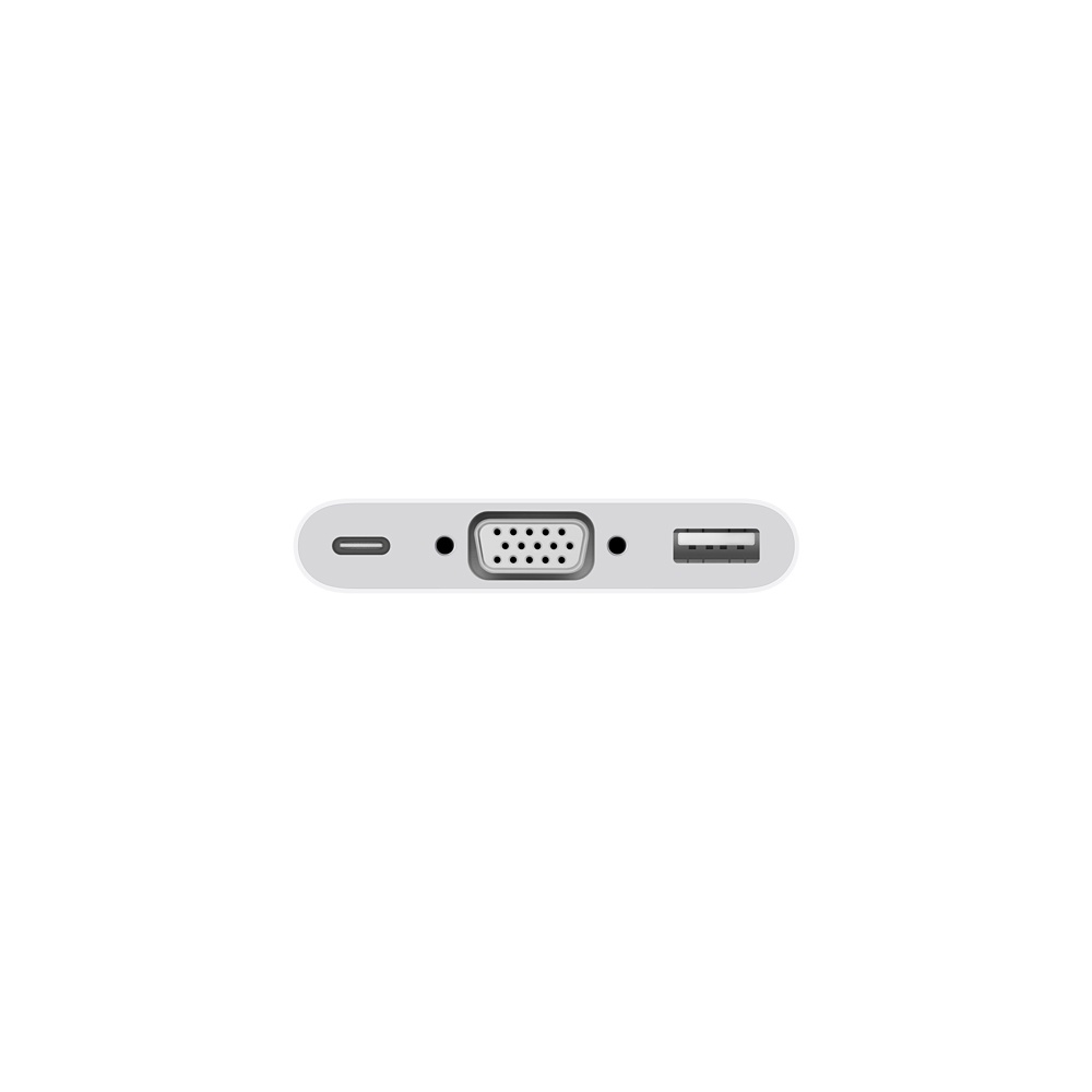 Ein weißes Gerät mit USB-Anschluss, VGA-Anschluss und Ladeanschluss, vor weißem Hintergrund.