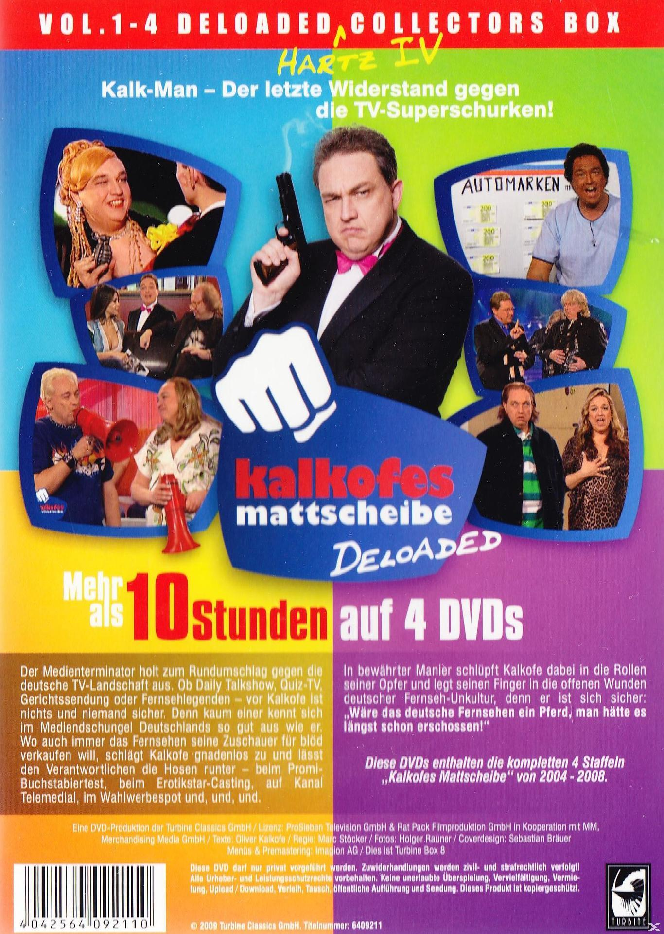 DVD-Cover mit einer Gruppe von Leuten in einem Fernsehstudio, Titel 'Kalkofes Mattscheibe Deloaded'.