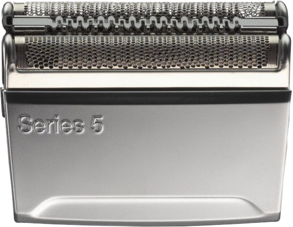 Közelkép egy ezüst Braun Series 5 borotvafejről. A pengék láthatók.