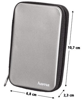Un étui argenté, rectangulaire, avec une fermeture éclair noire et le mot "hama" dessus.