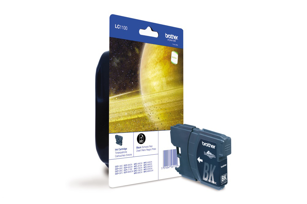 Eine Brother Tintenpatronenverpackung mit Patrone und Weltraumhintergrund.