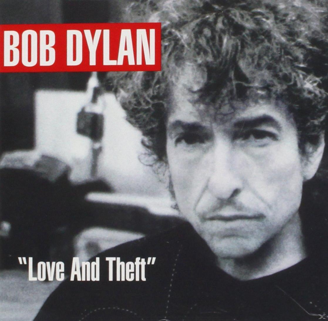 Bob Dylan Albumcover. Foto von Dylans Gesicht. Text: Bob Dylan, Love And Theft, in Rot und Schwarz.