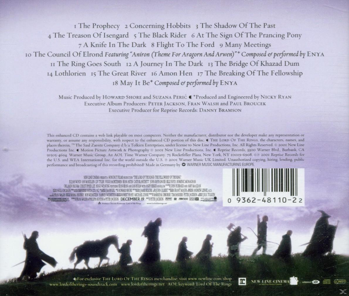Die Rückseite einer CD mit Text, der die Songtitel aus dem Soundtrack 'Der Herr der Ringe' auflistet.