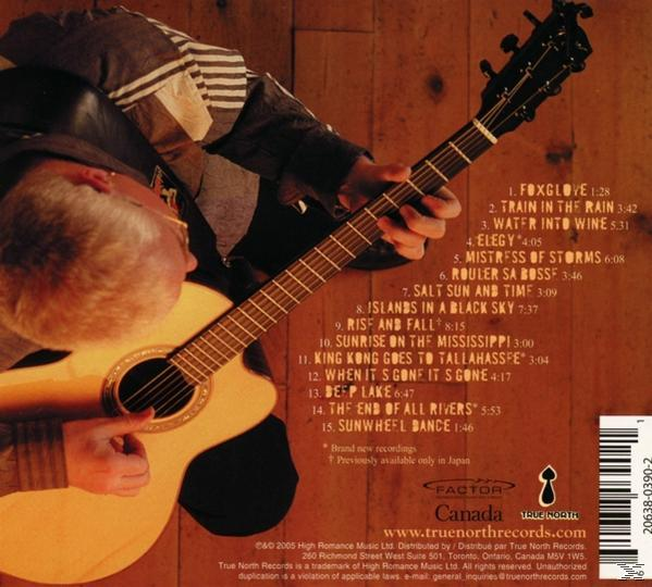 CD-Rückseite mit Gitarre spielendem Mann, Trackliste und Website-Adresse. Braune und weiße Farben.