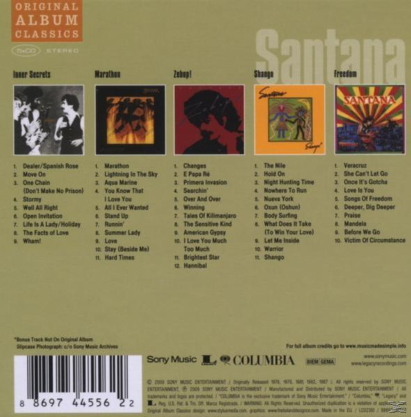 Rückseite eines Santana-Albums mit Titellisten und Bildern von Albumcovern.