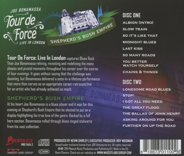 Albumcover mit Text und Titellisten für Joe Bonamassas 'Tour de Force'.