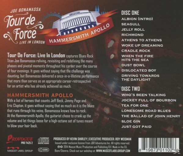 CD-Cover mit Joe Bonamassa im Hammersmith Apollo, eine Bühne mit Text.
