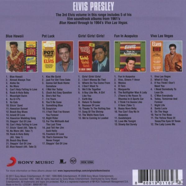 Compilation-Albumcover mit Elvis Presley Bildern. Enthält Albumtitel und Songlisten.