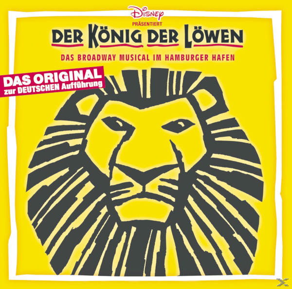 Gelbes Cover eines König der Löwen-Musicals. Der Löwenkopf ist in der Mitte. Text mit Disney-Logo oben.
