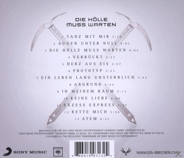 CD-Rückseite mit Titeln und zwei gekreuzten Eispickeln. Der Bandname lautet 'Die Hölle Muss Warten'.