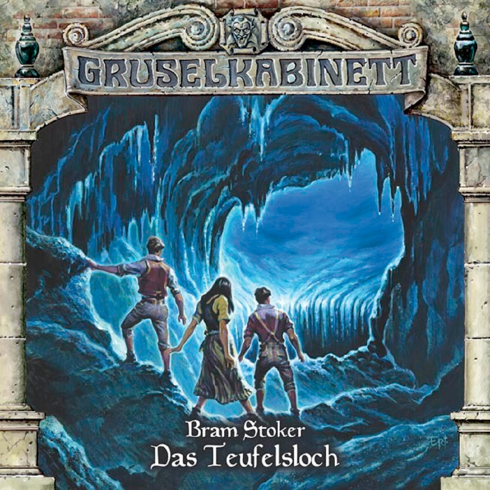 Cover-Art: Menschen in einer Höhle, blaues Licht. Text: Gruselkabinett, Das Teufelsloch.