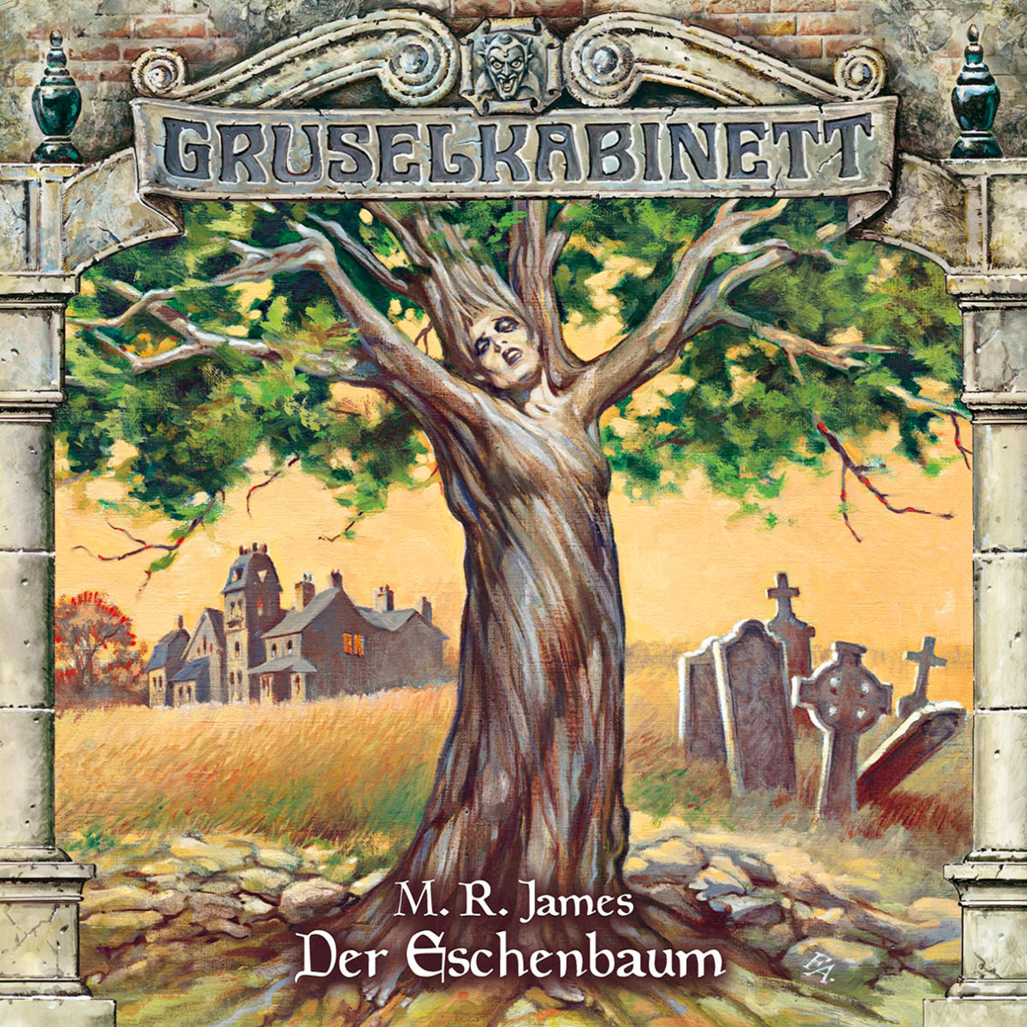 Illustration einer baumartigen Figur mit Friedhof und Haus im Hintergrund. Titel: GRUSELKABINETT.