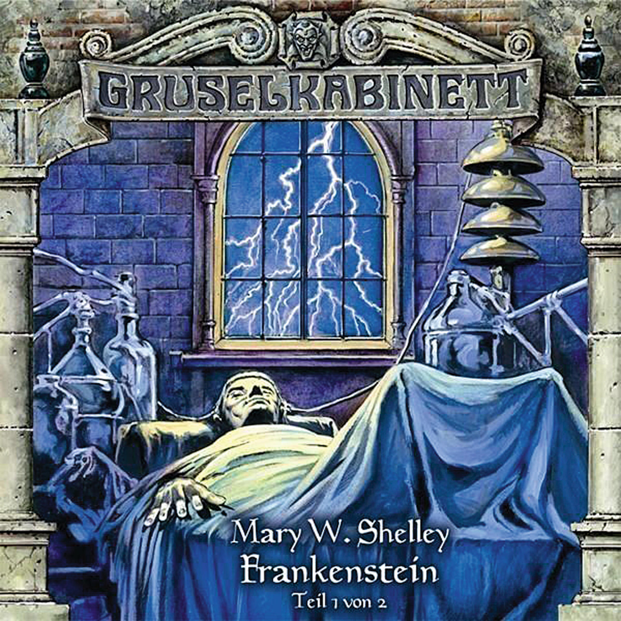 Albumcover: Frankenstein-Illustration. Blitz im Fenster, Monster auf einem Bett, Text auf dem Cover.
