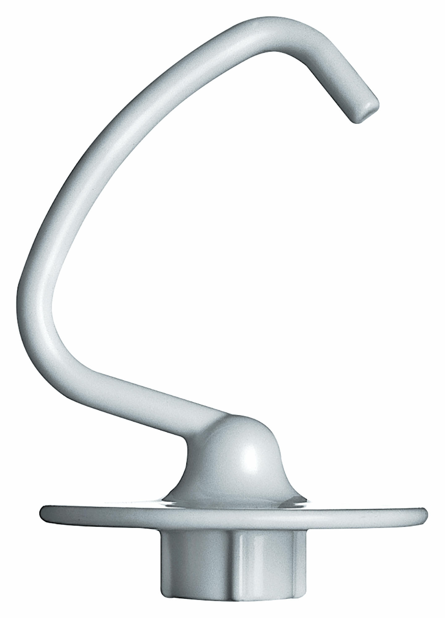 Een witte, gebogen deeghaak voor een keukenmixer.