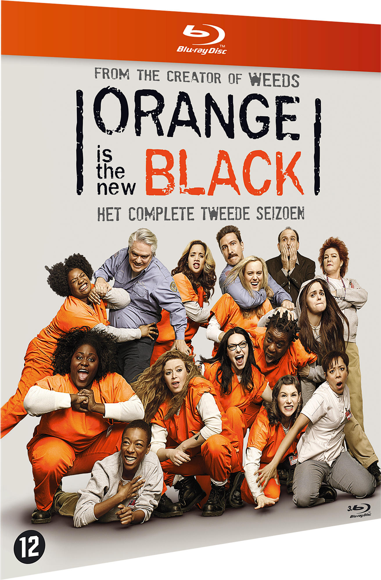 DVD-hoes van 'Orange is the New Black: Seizoen 2', cast in oranje.