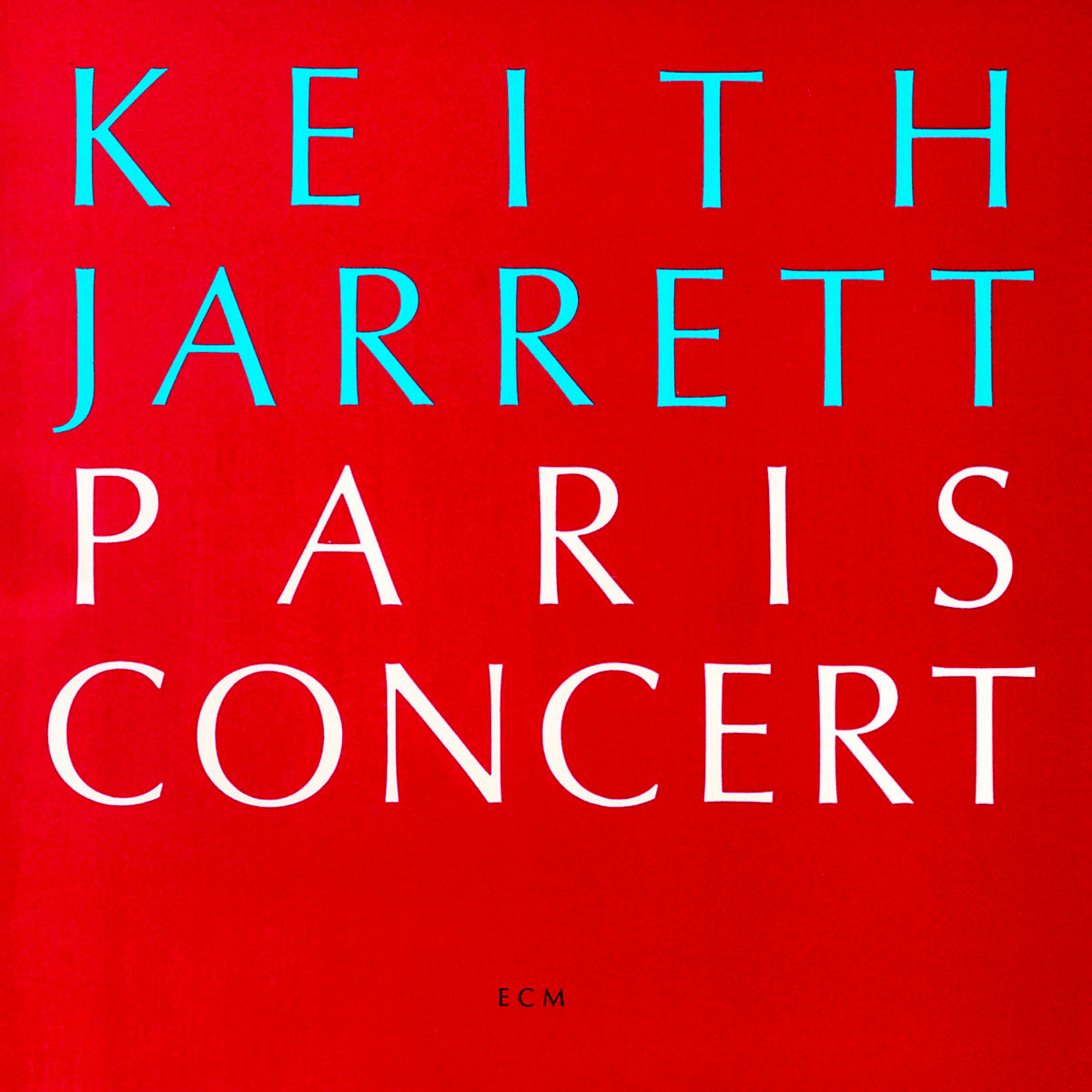 Albumcover von Keith Jarretts 'Paris Concert' auf rotem Hintergrund mit weißem Text.