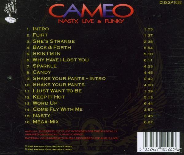 A 'Cameo: Nasty, Live & Funky' CD hátoldala számlistával és logóval.