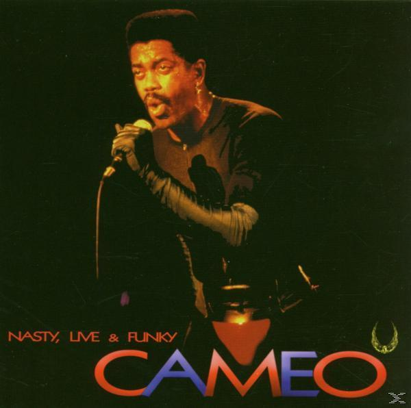 A Cameo 'Nasty, Live & Funky' című albumának borítója. Egy mikrofonba éneklő férfit ábrázol. Piros és fekete.