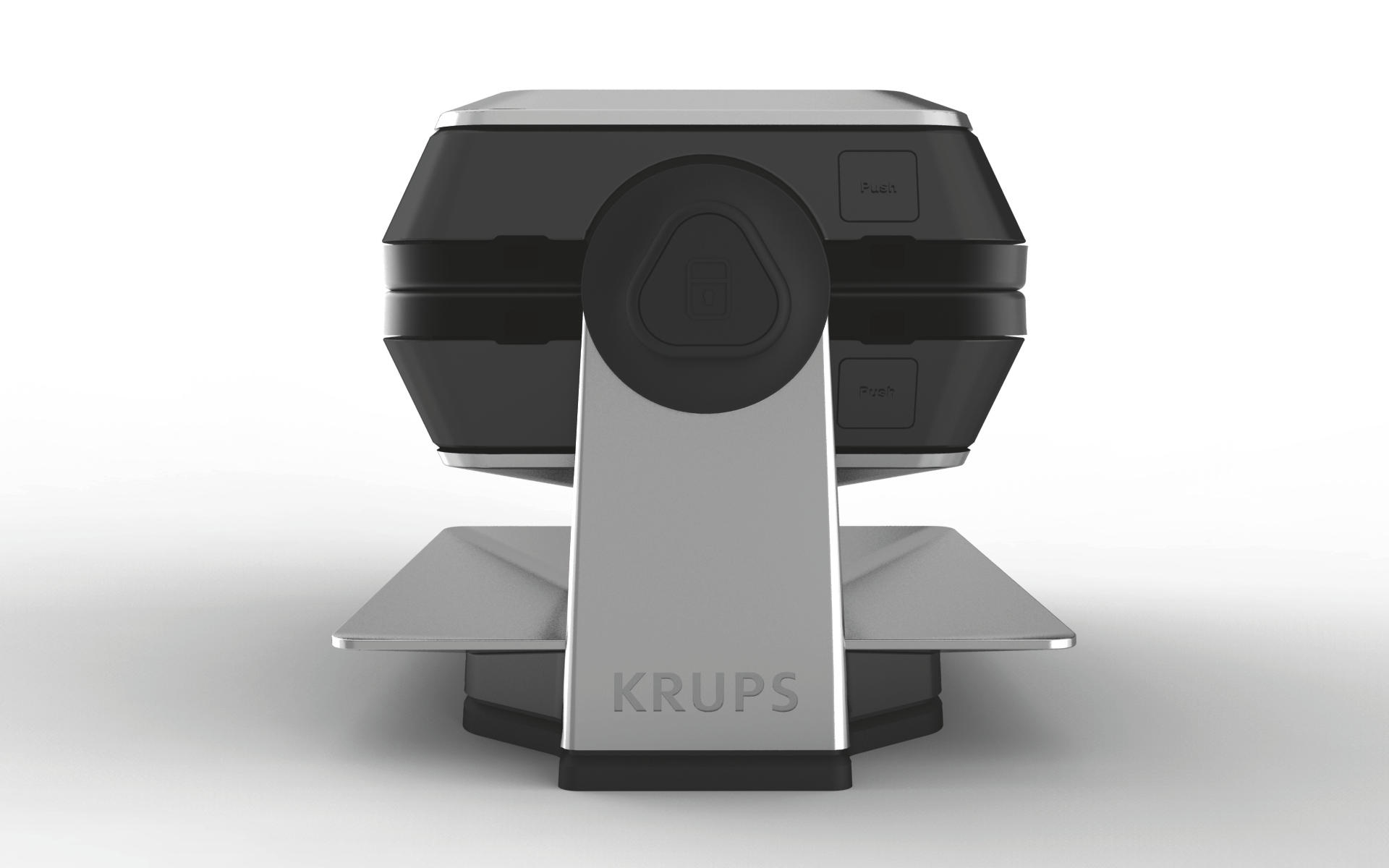 Ein schwarzer und silberner Waffeleisen mit 'KRUPS'-Logo auf der Vorderseite.