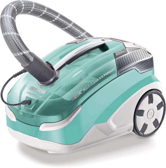 Ein teal-farbener Thomas Aqua Staubsauger mit grauem Schlauch und Griff. Weißer Hintergrund.