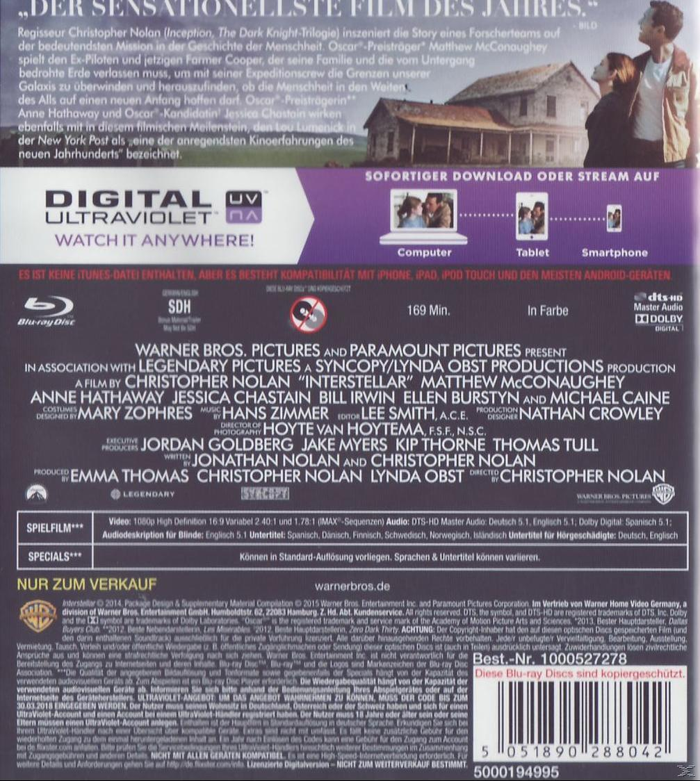 Rückseite der Blu-ray Disc 'Interstellar', mit Text, Logos und Bildern aus dem Film.