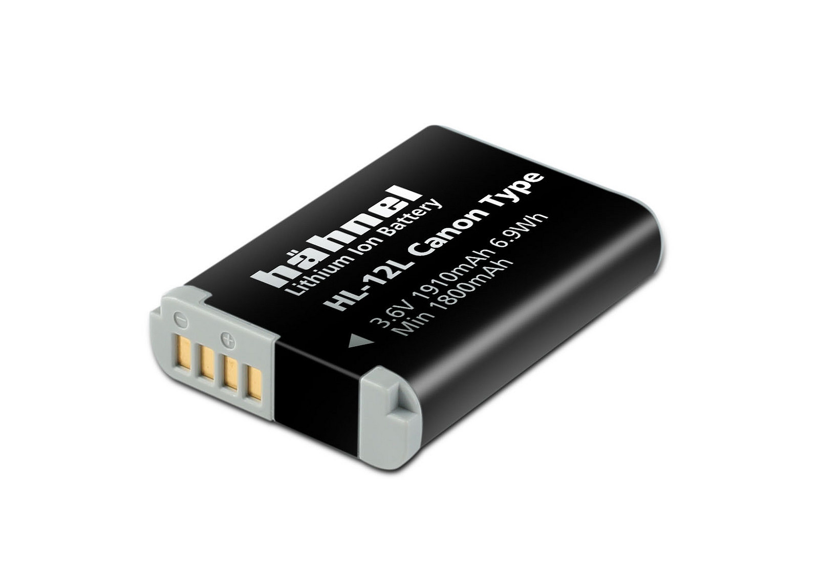 Schwarzer Akku mit der Aufschrift 'hähnel Lithium Ion Battery'. Text enthält 'HL-12L Canon Type' und Spezifikationen.