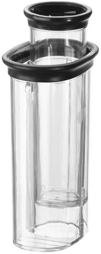 Klarer Glasbehälter mit schwarzen Gummiringen, leer.