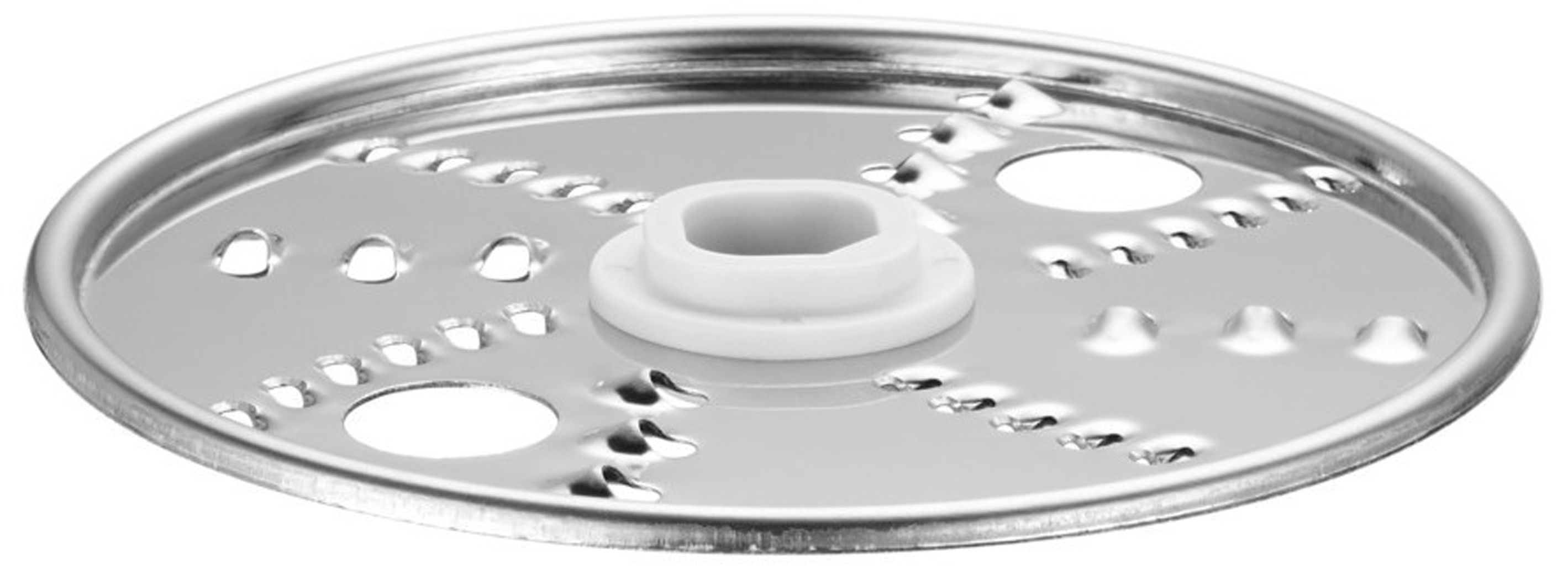 Kreisförmige Metall-Küchenmaschinenklinge mit Löchern und weißem Mittelstück.