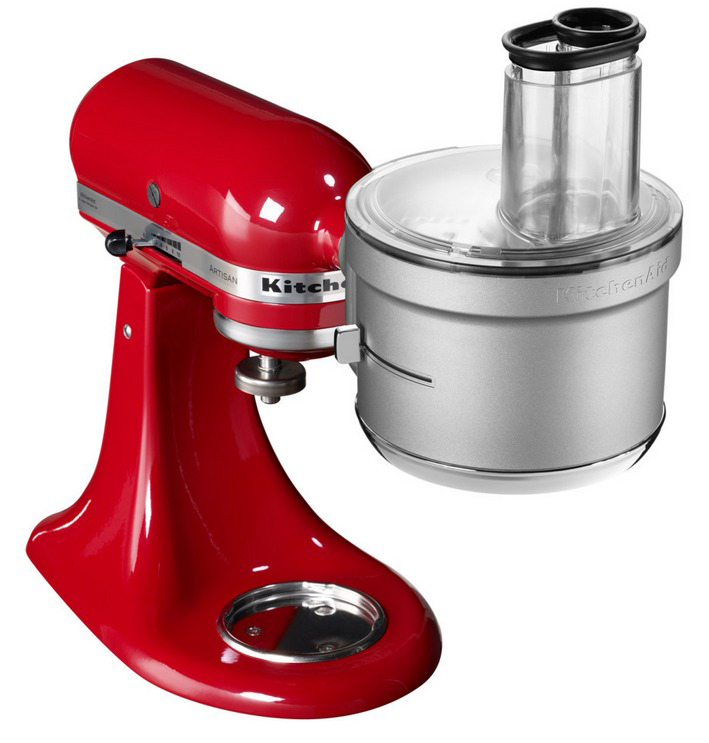 Roter KitchenAid Küchenmixer mit einem silbernen Küchenmaschinenaufsatz.