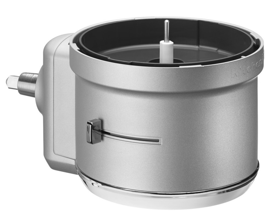 KitchenAid-Küchenmaschinenaufsatz, silberfarben, offen. Weißer Hintergrund.