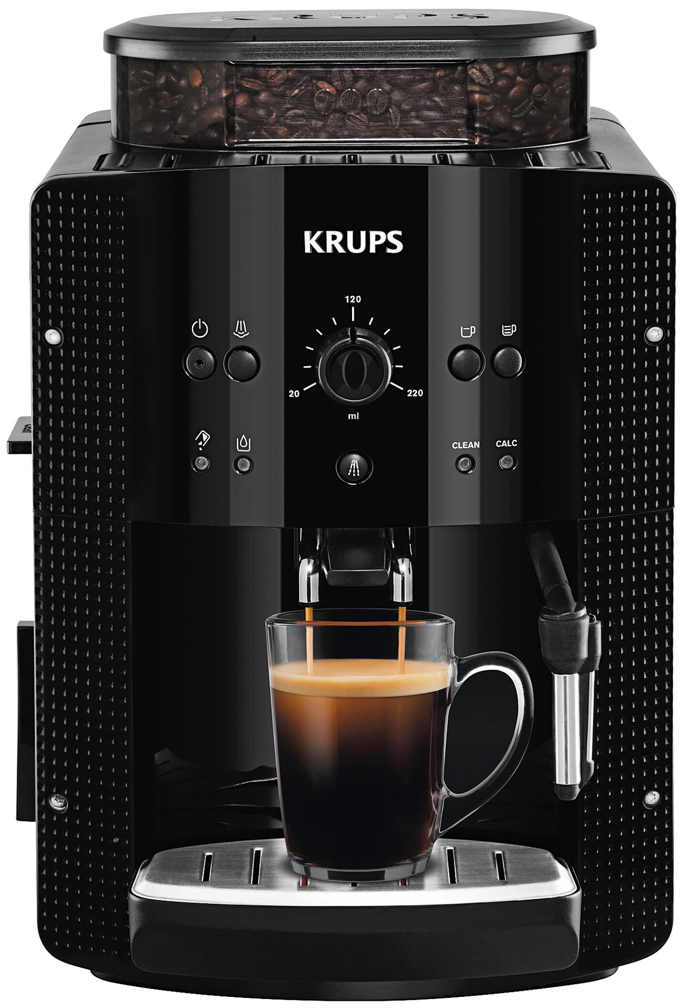 Una cafetera Krups negra con una taza de café que se vierte en ella.