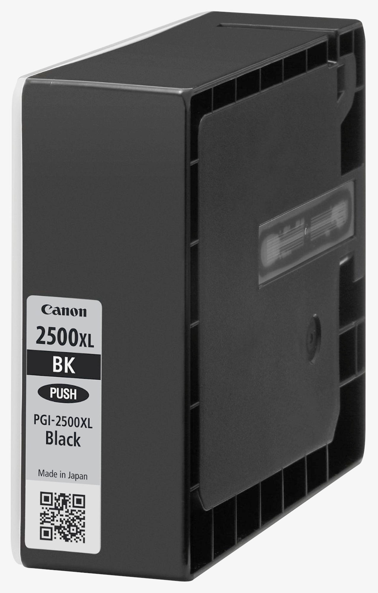 Czarny wkład atramentowy Canon z białą etykietą: Canon 2500XL BK, PGI-2500XL Black. Kod QR, białe tło.